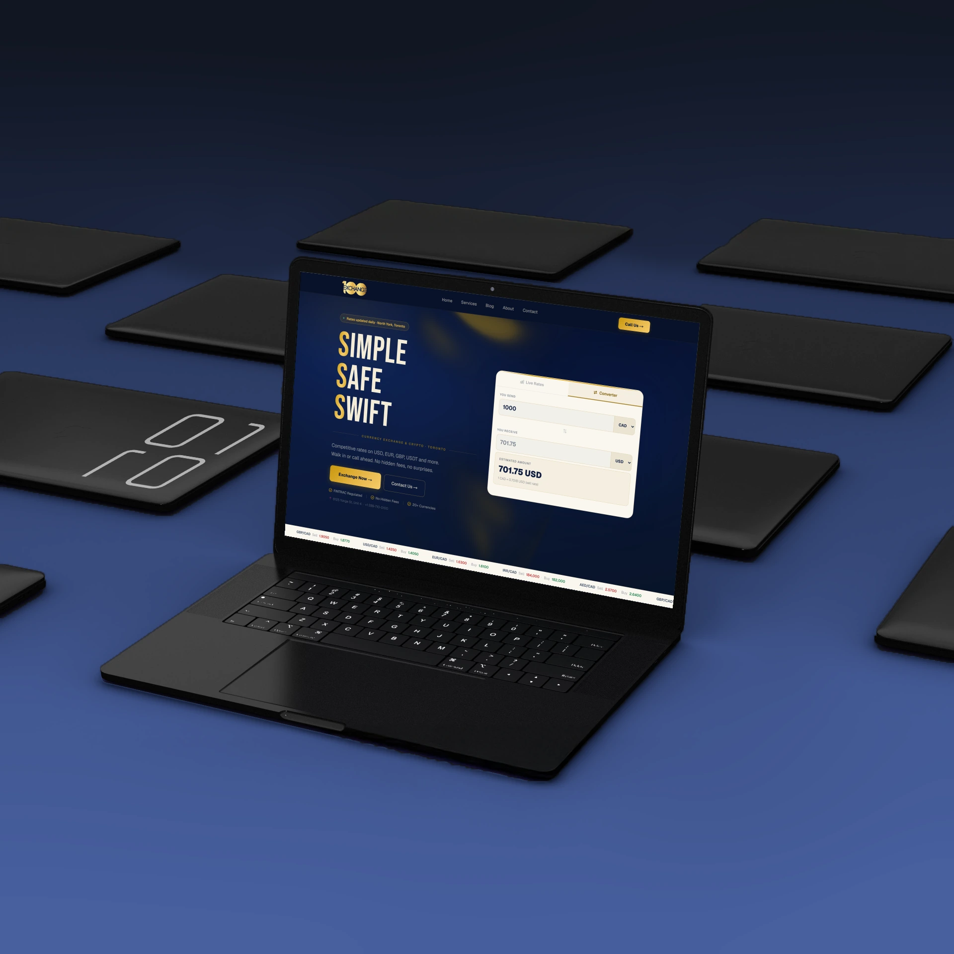 100 Exchange currency exchange website with live rates and converter widget, shown on a laptop mockup