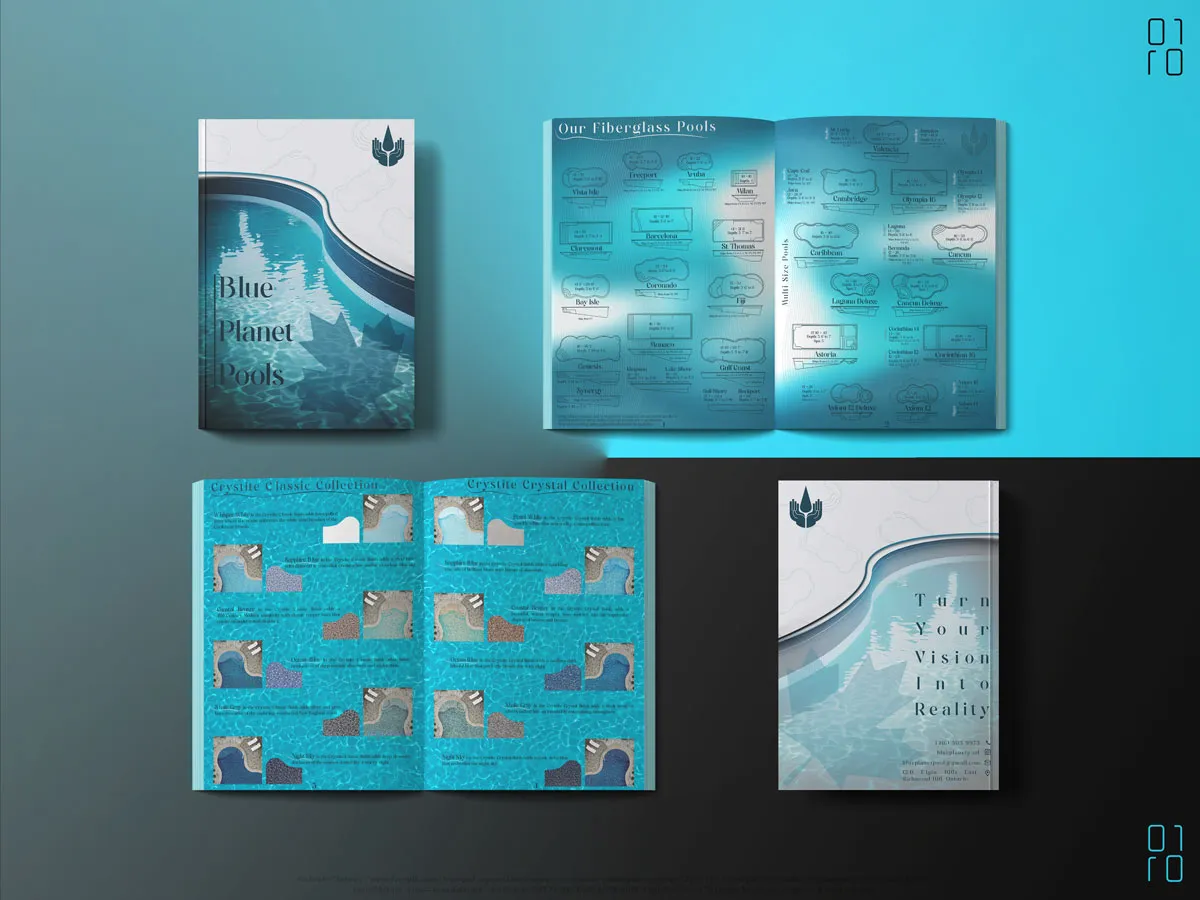 Blue Planet Pools brochure and brand refresh design mockup